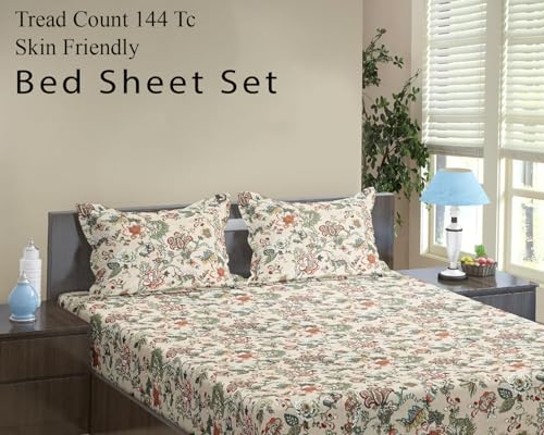 Image of Trance Home Linen 144TC 100% Cotton 72 inchx36 inch Single Bed Size Elastic Fitted Bedsheet | Printed Single Size Bed Elasticated Fitted Bedspread with 1 Pillow Cover (72x36 inch, Malhaar Beige)