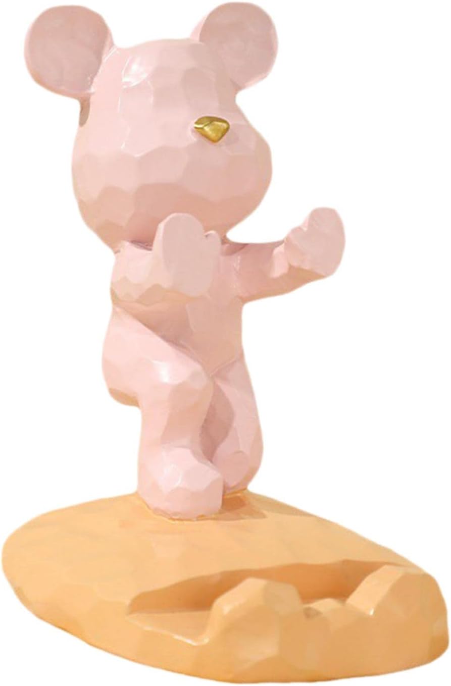 Cute 3D Bear Sculpture Mobile Phone Stand Statue Tablets Support for Table TV Shelf Bedroom (Push Palm Pink)