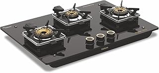 Vidiem Vogue 3-Burner Gas Cooktop/Hob World's First Fully Removable Burner Assembly 10Mm Toughened Glass Hexa Flame Forged Brass Burners 5Mm Thick Pan Support Manual Ignition - Black