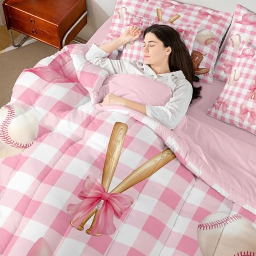Image of Baseball Bowknot Queen Bedding Sets Pink Checkered Patchwork Grid Comforter Set Watercolor Girly Bow Romantic Dreamy All Season Comforter Flat&Fitted Sheet 2 Pillowcases 2 Throw Pillow Covers,7 Pcs