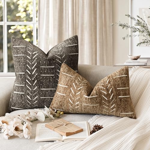 Image of Foindtower Set of 2 Decorative Chenille Jacquard Throw Pillow Covers Textured Farmhouse Lumbar Cushion Covers Neutral Boho Accent Home Decor for Sofa Chair Couch Bedroom Living Room,12x20 Inch,Bronze