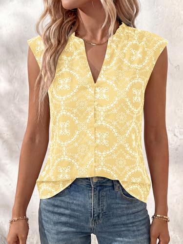 BTFBM Boho Tops for Women Summer Outfits Eyelet Embroidered Sleeveless Button Down Shirts Beach Vacation Clothes 2026(Yellow, Medium) — view 3