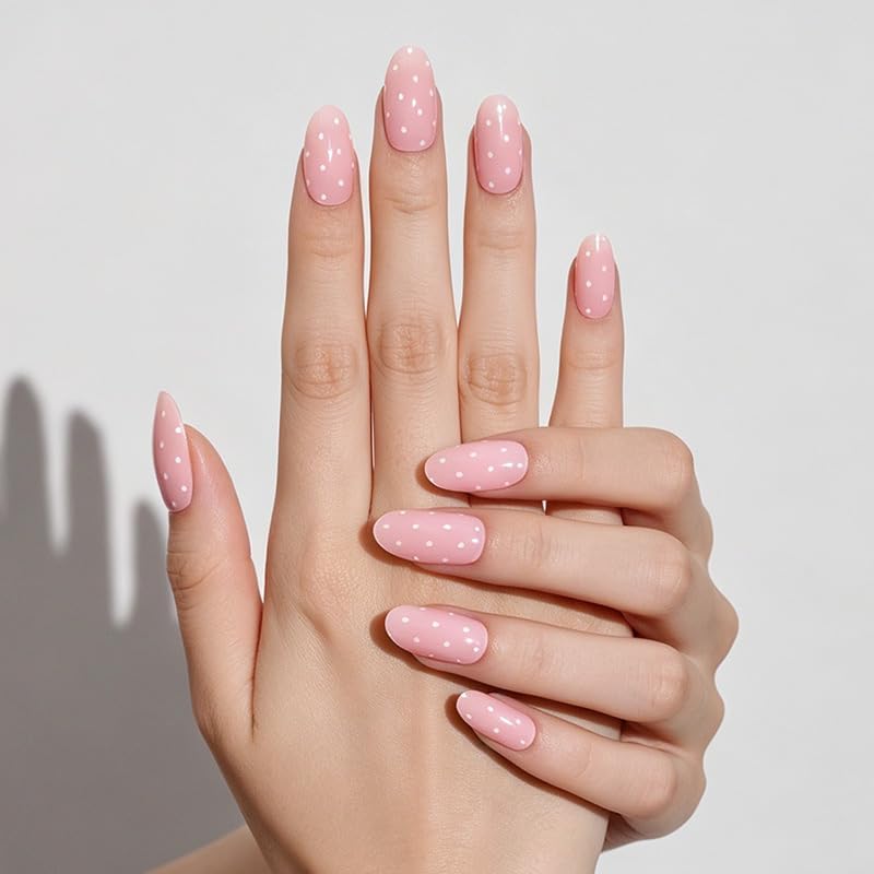 Press On Nails Almond Short - Pink False Nails with White Polka Dots, | Glossy Fake Nails Reusable Glue On Nails for Women Girls, Cute Press On Nail Kit for Daily Wear Party Wedding,