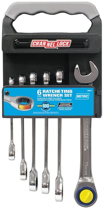 Jogo de Chaves Combinadas com Catraca Channellock 38041 Métrico com Suporte, Conjunto com 6 peças