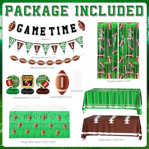 Image of TREWAVE 114 PCS Football Party Decorations, Super Bowl Party Supplies with Football Foil Fringe Curtains, Tinsel Table Skirts for Game Day Tailgate Birthday Party
