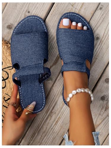 GORGLITTER Women's Denim Jean Flat Sandals Wide Width Rainbow Open Toe Dressy Slide Sandal2