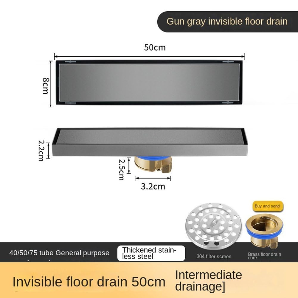 Desagüe de Suelo para baño, antiolor, Invisible, de Acero Inoxidable 304, Rectangular, Bandeja de baño Larga para Inodoro y lavandería, 50 cm de Ancho y 50 cm d,50cma-As Shown