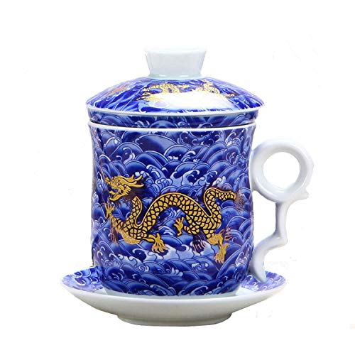 4pcs kit of Chinese Dragon Pattern Tea-Mug with Strainer Infuser and Lid and Saucer Ceramic Tea Mug Convenient System Chinese Jingdezhen Porcelain Personal Tea Cup,13.5oz(400ml)/4 Colors (BLUE)