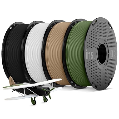 Inslogic Matte PLA Filament 1.75mm 3D Printer Filament, Fine Matte Texture & High Precision, 2.2lbs x 4 Spools Fit Most FDM 3D Printers, Black+White+Wood-Like+Olive Green