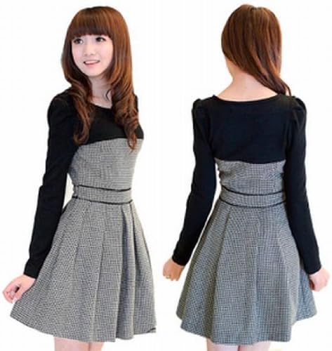 Amazon Co Jp Mir Mira ミル ミラ お嬢様カジュアル 千鳥柄 フレアスカート ワンピース お出掛け ワンピ 切替 長袖 Aライン ひざ丈 ワンピース プリーツスカート 千鳥格子 柄 ブラック 胸切替タイプ Flfl M ファッション