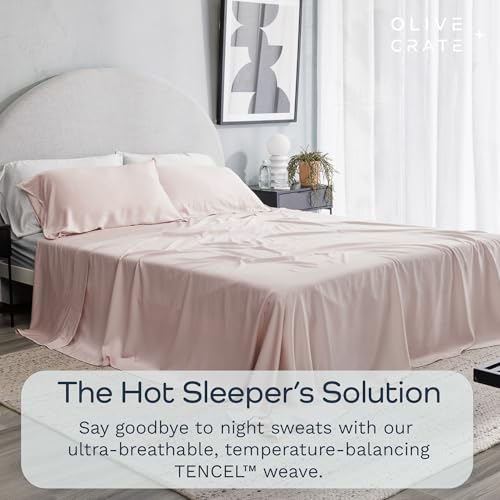 Image of Olive + Crate Tencel Lyocell Eucalyptus Twin Sheets Set - Extra Long Sheet Set - Cooling Tencel Sheets for Hot Sleepers with 16 Inch Deep Pocket Fit - Barely Pink 3-Piece Set