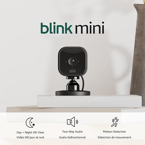 Blink Mini – Compact indoor plug-in smart security camera, 1080p HD video, night vision, motion detection, two-way audio, easy set up, Works with Alexa – 1 camera (Black)