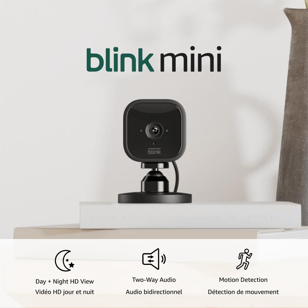 Blink Mini – Compact indoor plug-in smart security camera, 1080p HD video, night vision, motion detection, two-way audio, easy set up, Works with Alexa – 1 camera (Black)