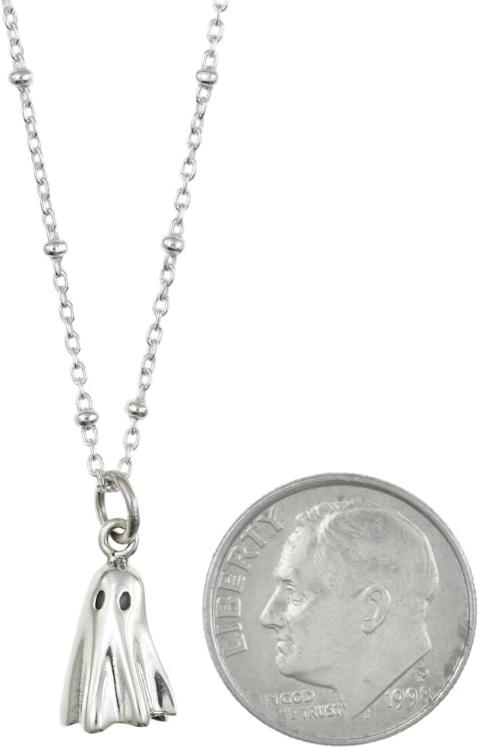 Sterling Silver Ghost Necklace on an 18 Inch Sterling Silver Saturn Chain - Halloween Jewelry - Halloween Necklace - Spooky Jewelry - Ghost Pendant Necklace - 925 Sterling - 3D Ghost Charm 17mm x 8mm