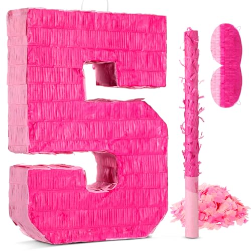 Lzuhoa 16 Inch Pink Number 5 Pinata for 5th Birthday Party Decorations