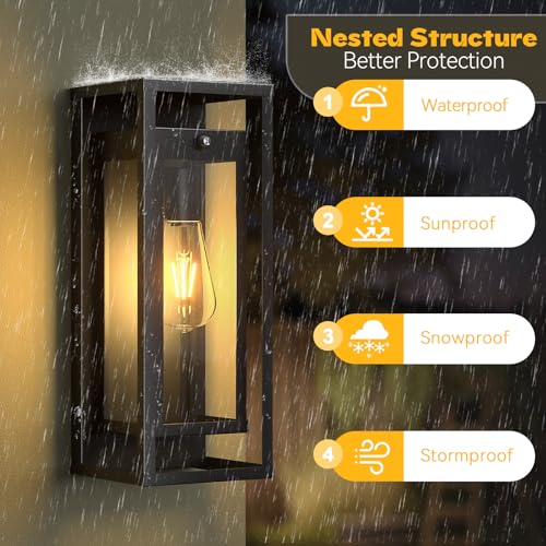 Image of Dusk to Dawn Outdoor Wall Sconce Black Modern Exterior Lighting Fixture | 15 Inch, Waterproof, Large Porch Light, Outside Lantern Wall Mounted, Outdoor Lamps for Coach, Doorway and Patio, E26 Base