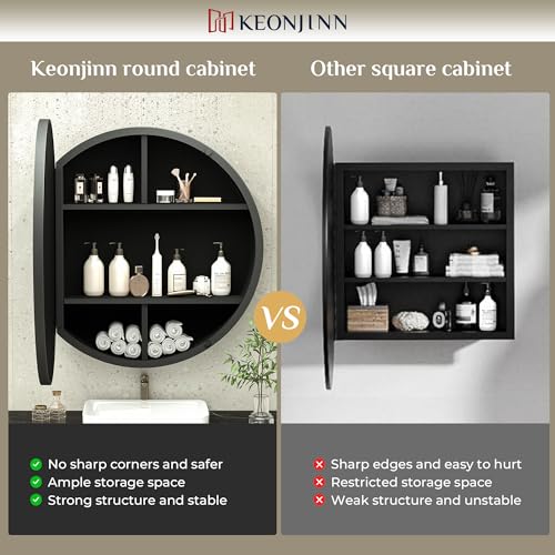 Image of Keonjinn 28 x 28 Inch Round Black Mirror Medicine Cabinet Wall Mounted, Circular Modern Medicine Cabinet with Mirror, Black Framed Medicine Cabinets with Mirror, Vanity Bathroom Mirrors with Storage