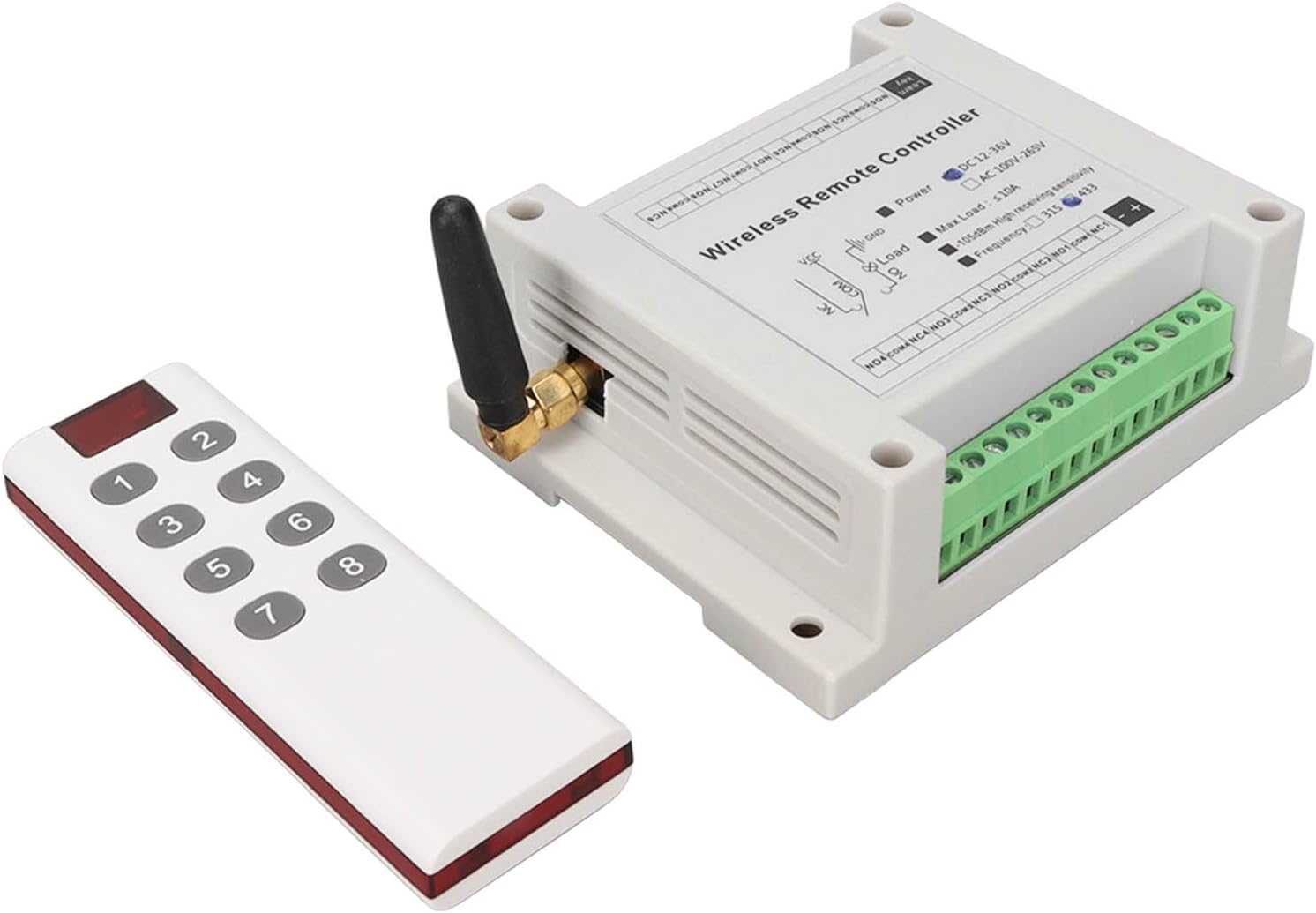 433mhz 8 Channel Wireless Remote Control Relay Switch, 0A DC 12V‑36V Relay Secure Remote Control Switch Relay Module with Remote Control for Motor Light Gate Door DIY Wireless Controller