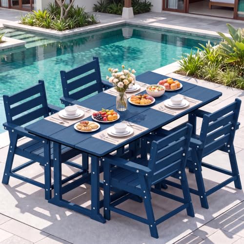 Image of 5-Piece Dining Set, HDPE Table & 4 Chairs, Blue | HDPE Dining Set All-Weather, No Rust No Crack , 69.1 inch Table , 304 Stainless ,Wood‑Grain Outdoor Patio Set