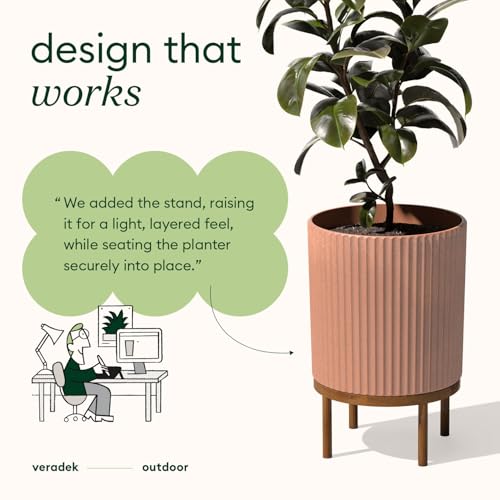 Image of Veradek Demi Series Raised Planter - Round Planter with Stand | Made From a Durable Plastic-Stone Composite & Comes With Wooden Stand. Modern Porch /Patio Decor