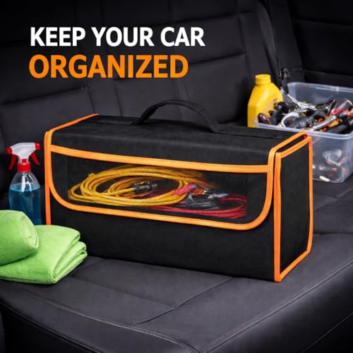 Image of JVCV Car Trunk Organizer Storage Bag with Mesh Pocket | Foldable Boot Storage Box | Durable Anti Slip Black Organizer | 29x50x17 cm | Multipurpose Car Storage (Large - Black Orange)