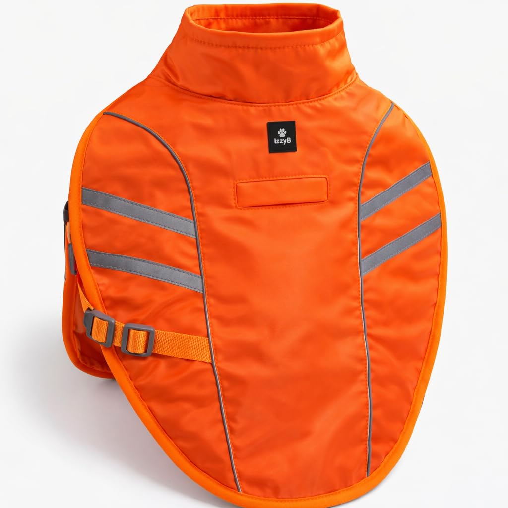 IzzyB Pet Products Dog Raincoat Waterproof with Fleece Lining – Adjustable Reflective Dog Coat – High Visibility Jacket for Small, Medium & Large Dogs – Rain Protection & Warm (Orange, L)