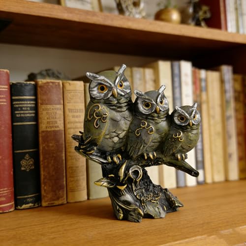 Estatua de búho de resina en rama juego de 3 miniatura 3
