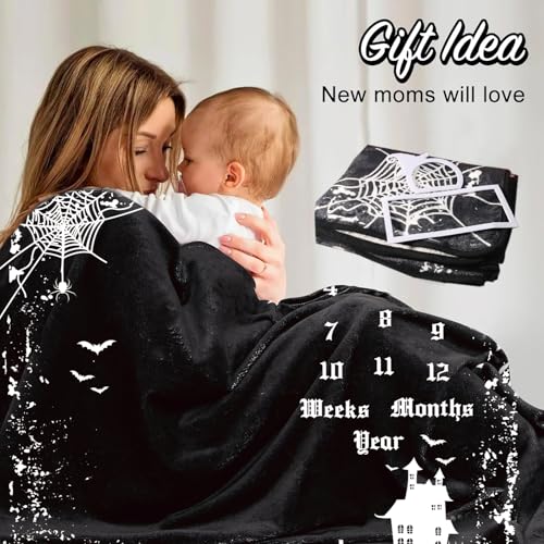 Image of Halloween Monthly Milestone Bats Blanket - Soft Baby Growth Chart Photography Prop Background - 47 inch x 40 inch