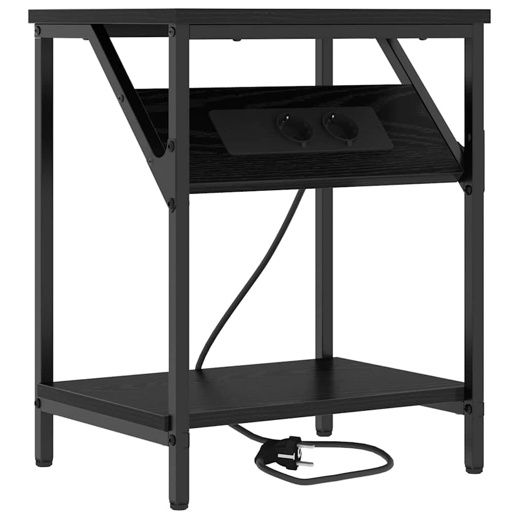 Mesa de Noche Moderna con Estantería Integrada y Fuente de Poder, Diseño Rectangular con Patas de Acero Negro, Superficie de Madera Resistente para Dormitorio Contemporáneo