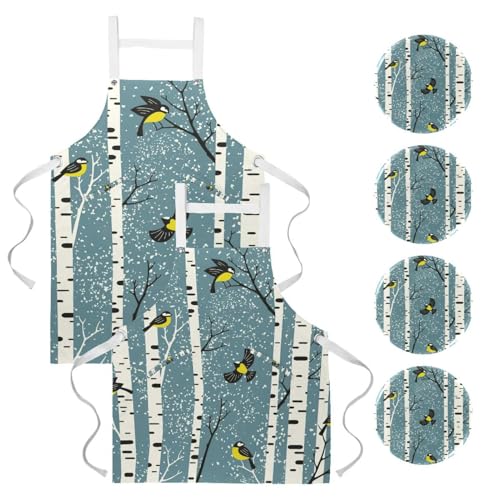 Tablier de cuisine lot de 2 imprimé oiseaux branches de bouleau