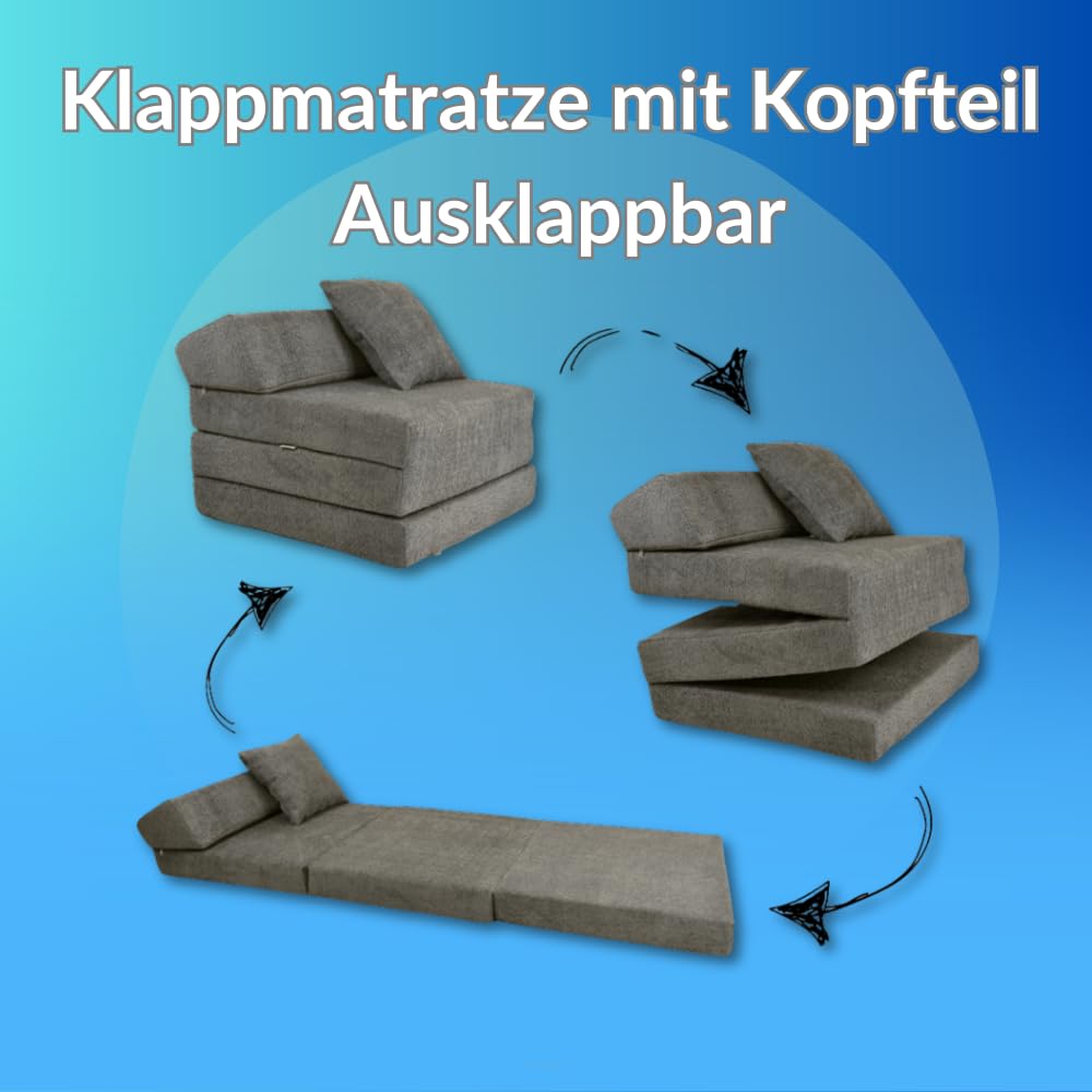 FORTISLINE - Klappmatratze 200x70x10cm mit Kopfteil & Kissen – Gästebett ausklappbar für Kinderzimmer & Camping Matratze Schaumstoff – Faltmatratze tragbar – Faltbare Matratze aus Cord – Beige