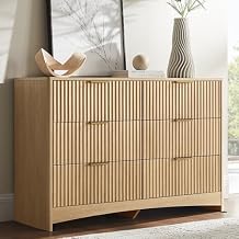 Amada Fluted 6 Drawer Dresser, Modern Wood Chest of Drawers with Rounded Corners, Pre-Installed Drawer Slides, Dresser TV Stand and Storage Organizer for Bedroom, Nursery, Natural Oak