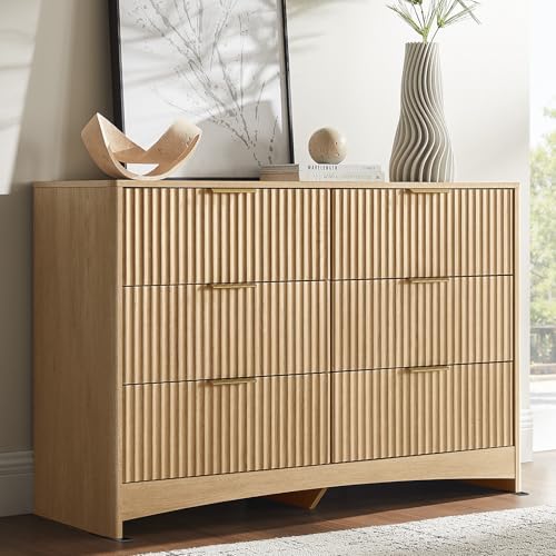 Image of Amada Modern 6 Drawer Dresser, Fluted Wood Chest of Drawers with Rounded Corners, Pre-Installed Drawer Slides, Dresser TV Stand and Storage Organizer for Bedroom, Hallway, Natural Oak