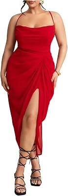 Floerns Women's Plus Size Cowl Neck Long Dress Sleeveless Ruched High Split Cocktail Dresses