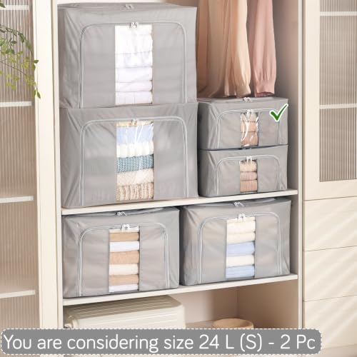 Image of HOKIPO 24L Small Wardrobe Organiser for Storage for Clothes, Foldable Storage Box, Light Grey Pack of 2 (AR-6669-LGRY*2)