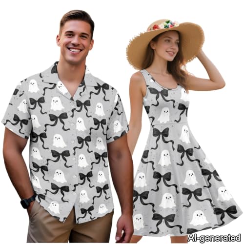 Image of Dreaweet Summer Dresses for Women A-Line Sleeveless Flowy Sun Dresses,Men's Casual Button-Down Shirts,Couple Matching Outfits