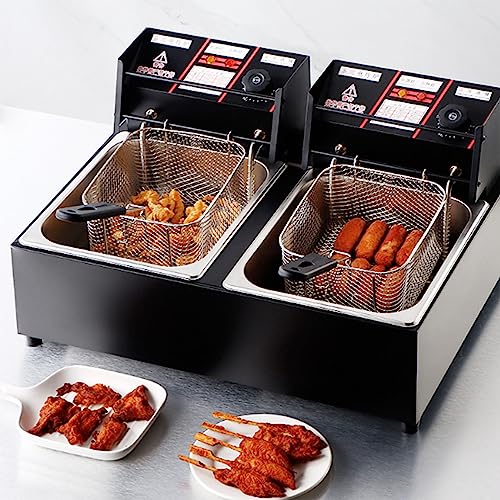 WQZzjm Freidora Comercial de Acero Inoxidable, freidora eléctrica de Doble Tanque con cestas, freidora de encimera eléctrica para Uso en restaurantes y hogares (Negra, 20 l)