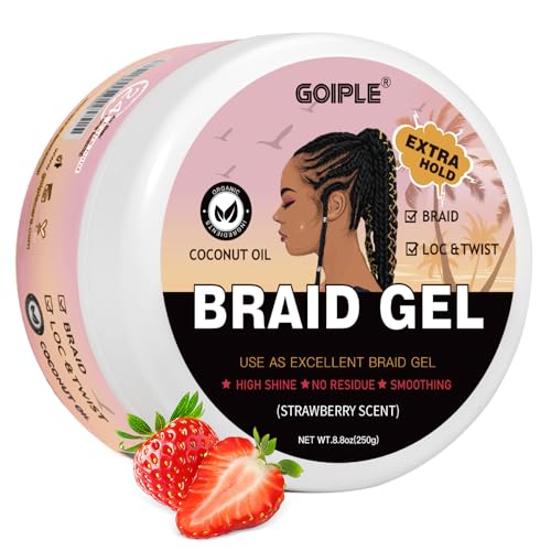 Braid Gel Haute Brillance Cheveux Bouclés, Locs, Twist, Tresses, Edge Control - Tenue Forte, Non Grasse, Dompte les Frisottis, Facile à Utiliser Gel Cheveux Afro Braiding (8.8 OZ Saveur fraise)