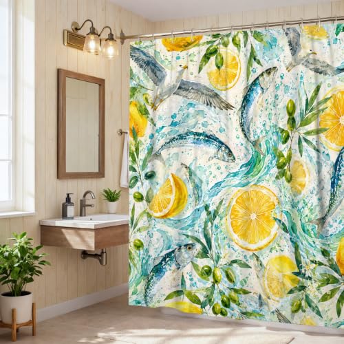 Rideau de douche poisson nature côtière lavable avec crochets - 3