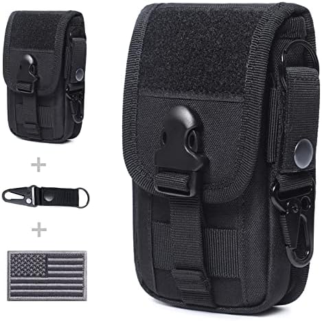 Tactical Molle Phone Pouch EDC Cellphone Holder Smartphone Organizer Bag with US Flag Patch & Molle Key Ring (Black)