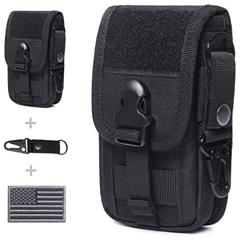 Tactical Molle Phone Pouch EDC Cellphone Holder Smartphone Organizer Bag with US Flag Patch & Molle Key Ring (Black) Cover