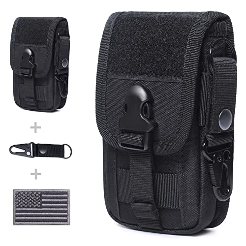Tactical Molle Phone Pouch EDC Cellphone Holder Smartphone Organizer Bag with US Flag Patch & Molle Key Ring (Black)