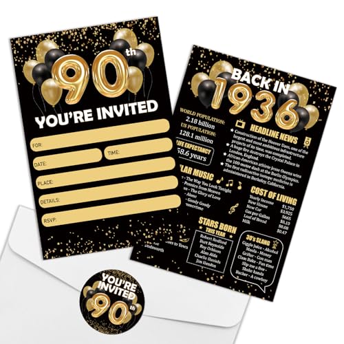 Invitaciones de 90 cumpleaños REWIDPARTY de alta calidad en papel grueso con detalles de 1934