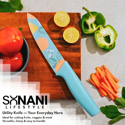 Image of Professional Piece Kitchen Knife Set - High Carbon Stainless Steel Chef, Utility & Santoku Knives with Ergonomic Blue Handles Knife (Blue, 3 piece)
