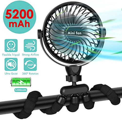 Portable Handheld Fan, 5200mAh Battery Powered Clip-on Personal Desk Baby Fan Air Circulator