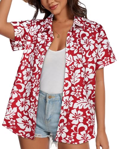 Image of Women Hawaiian Shirt Button Down Summer Tops Beach Short Sleeve Blouse