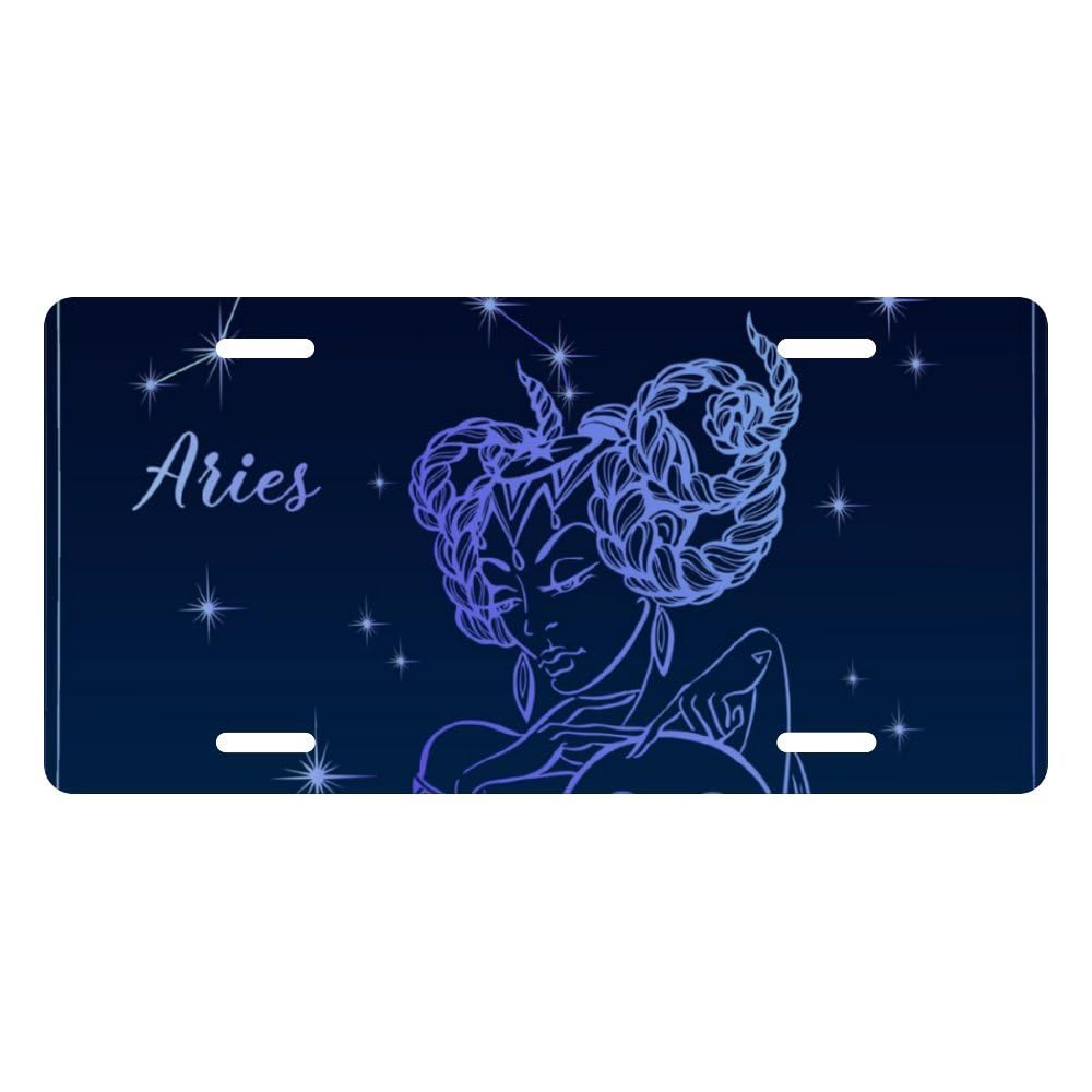 Beautiful Zodiac Sign Aries Decorative Car Front License Plate, Vanity Tag, Metal Car Plate, Aluminum Novelty License Plate for Men/Women/Boy/Girls Car 6 X 12 Inch (4 Holes)