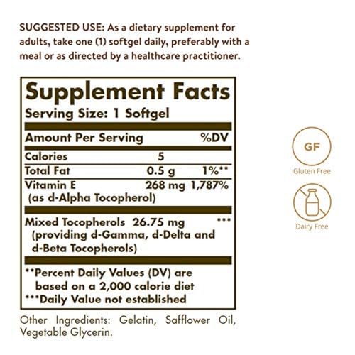 Solgar Vitamin E 268 mg (400 IU), 250 Mixed Softgels - Natural Antioxidant, Skin & Immune System Support - Naturally-Sourced Vitamin E - Gluten Free, Dairy Free - 250 Servings, (Pack of 2) - image 2