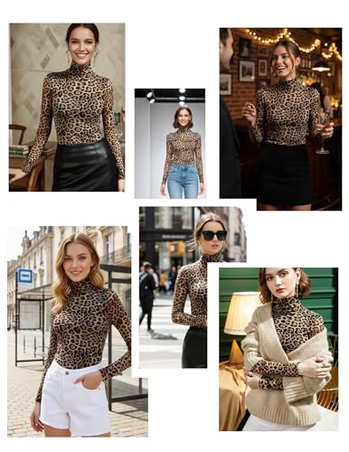 METWAY Black Sheer Top for Women Mesh Long Sleeve Top Lace Turtleneck See Through Undershirt Sexy Blouse Going OutParty Club Shirt (Leopard, L) — view 6