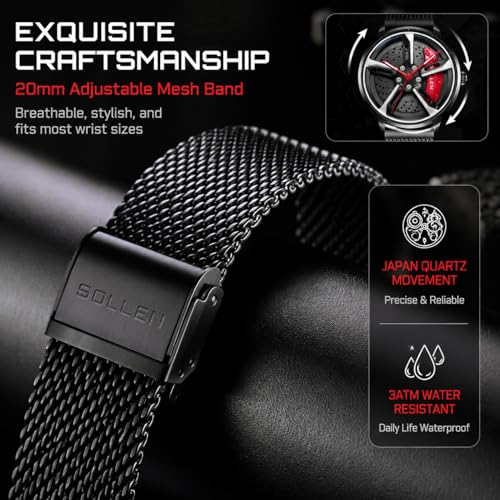 Image of Men's Car Wheel Watches, Stylish Racing Rotating Dial Analog Watches | Japanese Quartz, Luminous Function, 30M Waterproof, 360 Rotating Dial, Casual Luxury Wrist Watch, Gift for Car Enthusiast